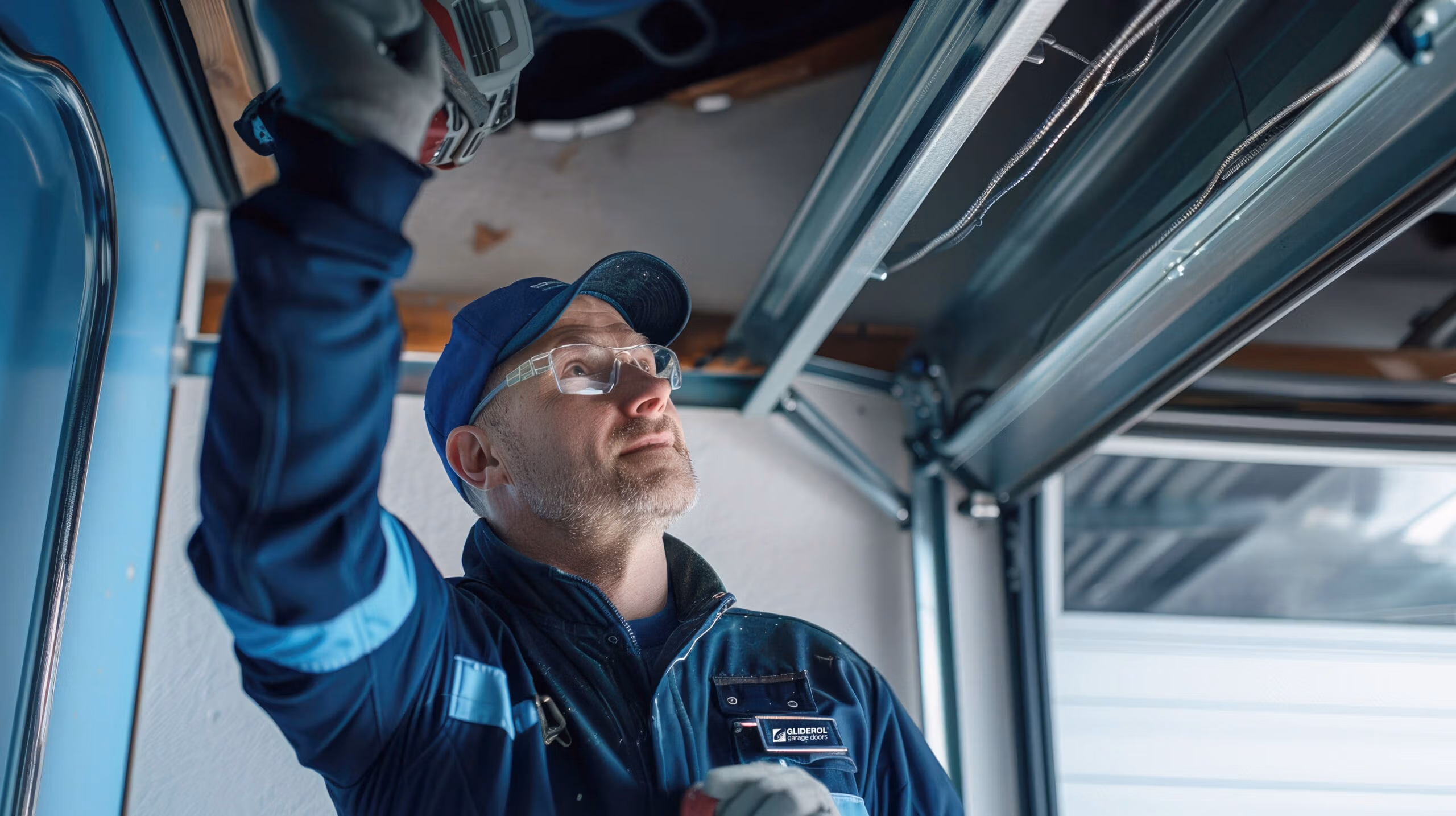 Technician inspecting a Gliderol garage door motor for troubleshooting.